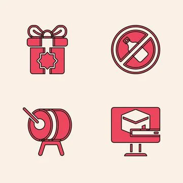 Set Kaaba mosque, Gift box, No alcohol and Ramadan drum icon. Vector Stock Illustration