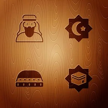 Set Kaaba mosque, Muslim man, hat for prayer and Octagonal star on wooden b.. Stock Illustration