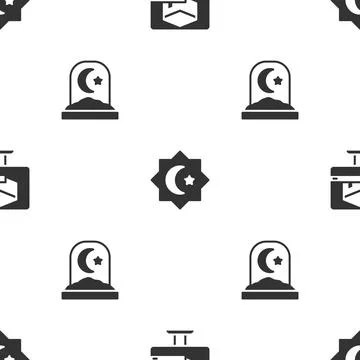 Set Kaaba mosque, Octagonal star and Muslim cemetery on seamless pattern. Vector Stock Illustration