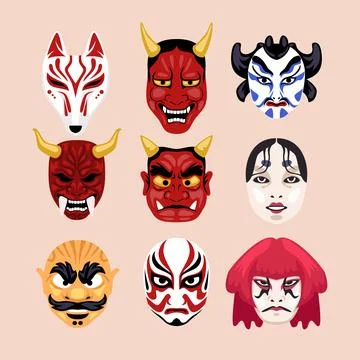 Set of kabuki mask collection, vector illustration. Labeled kabuki, okame, .. Stock Illustration