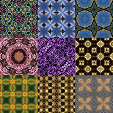 Set of kaleidoscopic seamless generated textures Stock Illustration