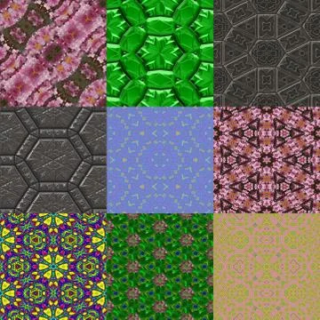 Set of kaleidoscopic seamless generated textures Stock Illustration