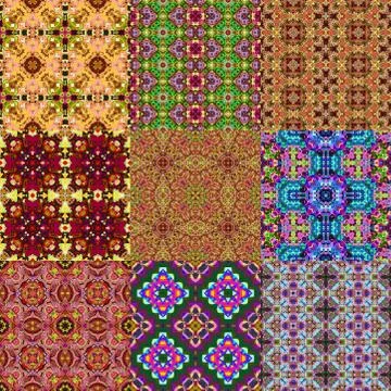 Set of kaleidoscopic seamless generated textures Stock Illustration