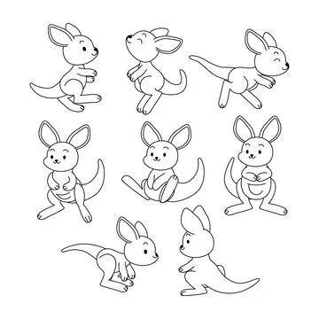 Set of kangaroo doodle collection, kangaroo outline coloring page book anim.. Stock Illustration