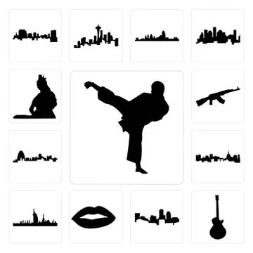 Set of karate kick, image les paul, boston skyline on white background, , lip 무료 스톡 일러스트