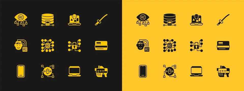 Set Katana, Blockchain technology Bitcoin, Cyber security, Laptop, Neural n.. Stock Illustration
