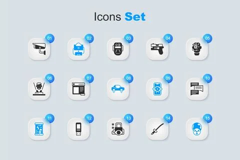 Set Katana, Browser window, Cloud database, Cryogenic capsules, Planet eart.. Illustrazione stock