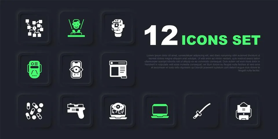 Set Katana, Cloud database, Computer vision, Laptop, Artificial intelligenc.. Stock Illustration