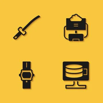 Set Katana, Cloud database, Wrist watch and icon with long shadow. Vector Stock Illustration