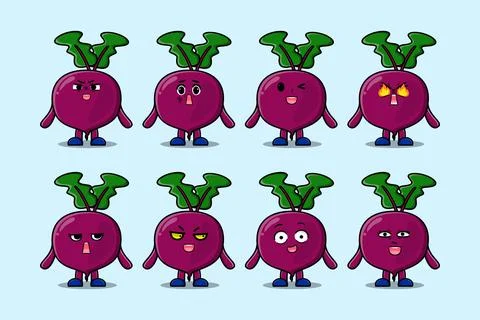 Set kawaii Beetroot cartoon character expressions Illustrazione stock