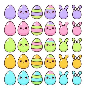 A set of kawaii Easter eggs in pastel colors. Stock Illustration