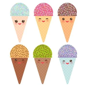 Set Kawaii mint raspberry kiwi blueberry chocolate Ice cream waffle cone funn Stock Illustration