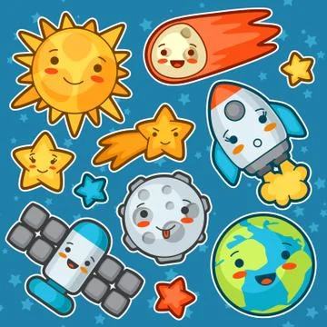 Set kawaii space objects. Doodles with pretty facial expression. Illustration of Stock Illustration