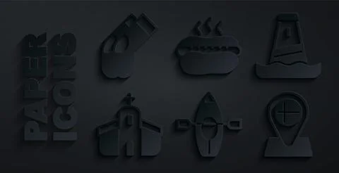 Set Kayak and paddle, Lighthouse, Church building, Location flag Iceland, H.. Stock Illustration
