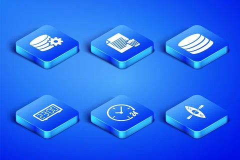 Set Kayak and paddle, Setting database server, Clock 24 hours, Digital alarm Illustrazione stock