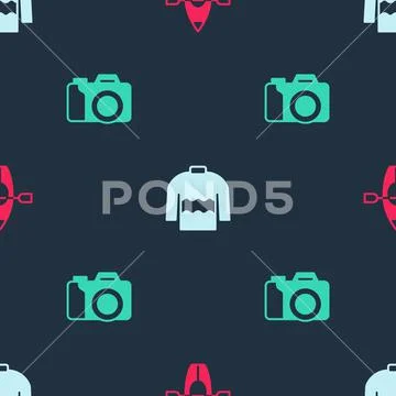 Set Kayak and paddle, Sweater and Photo camera on seamless pattern
