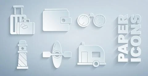 Set Kayak or canoe, Binoculars, Lighthouse, Rv Camping trailer, Wallet and Stock Illustration
