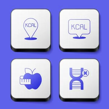 Set Kcal, Apple and measuring tape and No GMO icon. White square button. Vect Stock Illustration