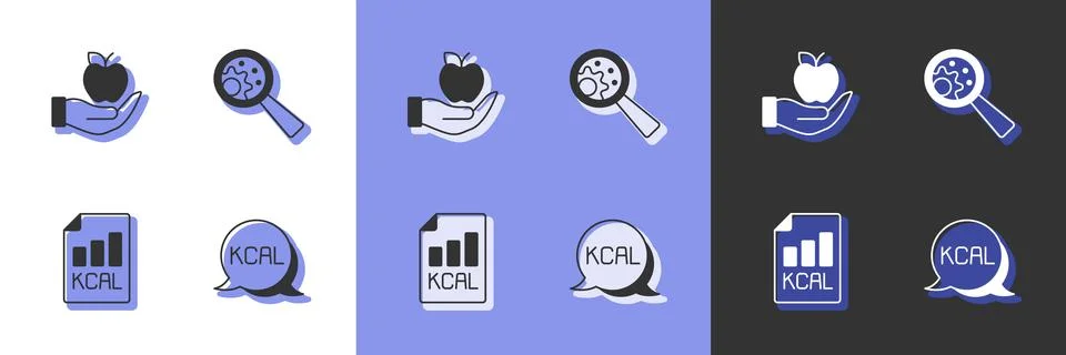 Set Kcal, Apple, Diet plan and GMO icon. Vector Stock Illustration