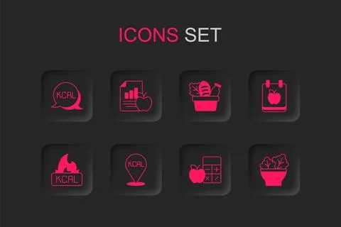 Set Kcal, Diet plan, Calorie calculator, Salad in bowl, Shopping bag and fo.. Stock Illustration