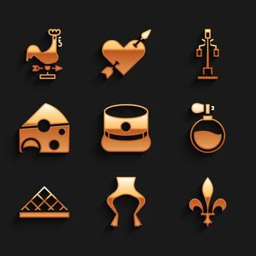 Set Kepi, Frog legs, Fleur De Lys, Perfume, Louvre museum, Cheese, Street light Illustrazione stock