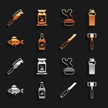 Set Ketchup bottle, Lighter, Kitchen hammer, Bread knife, Fish, Homemade pie Stock Illustration