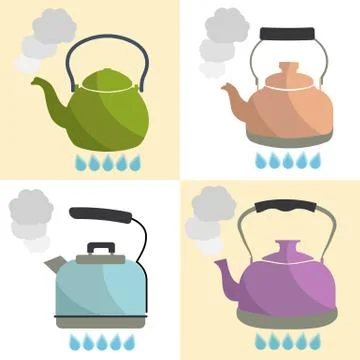 Set of kettle boils with water flat style vector illustration Stock Illustration