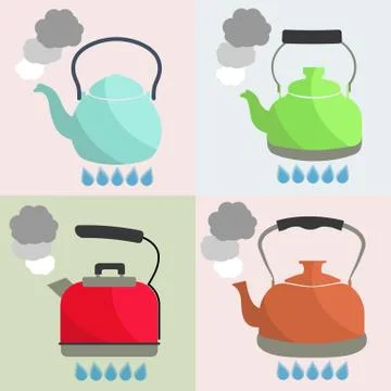 Set of kettle boils with water flat style vector illustration Stock Illustration