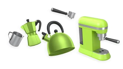 Set of kettle, espresso maker, moka pot, and tools for coffee preparation on Stock Illustration