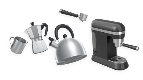 Set of kettle, espresso maker, moka pot, and tools for coffee preparation iso Stock Photos