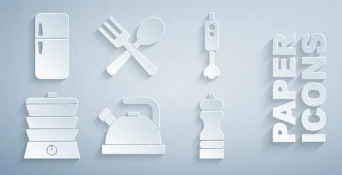 Set Kettle with handle, Blender, Slow cooker, Pepper, Crossed fork spoon and Illustration