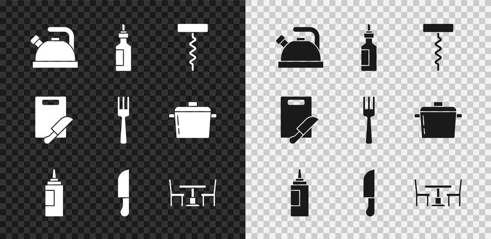 Set Kettle with handle, Bottle of olive oil, Wine corkscrew, Sauce bottle, Knife Illustration