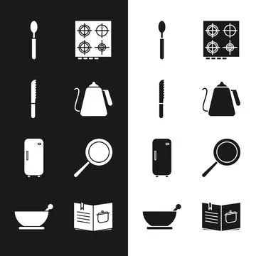 Set Kettle with handle, Bread knife, Spoon, Gas stove, Refrigerator, Frying.. Illustration