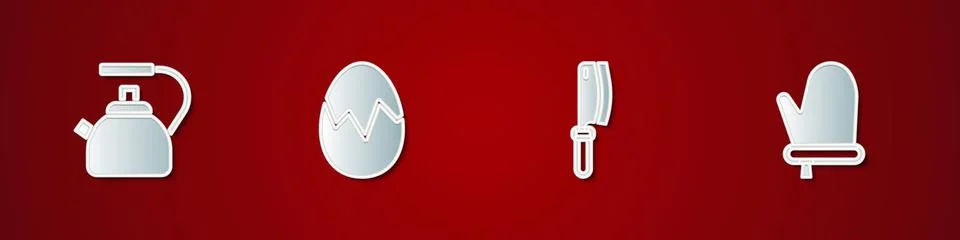 Set Kettle with handle, Broken egg, Meat chopper and Oven glove icon. Vector Stock Illustration