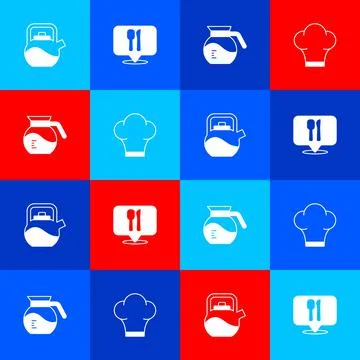 Set Kettle with handle, Cafe restaurant location, Coffee pot and Chef hat icon Illustration