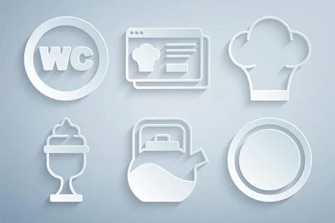 Set Kettle with handle, Chef hat, Ice cream in bowl, Plate, Online ordering Illustration