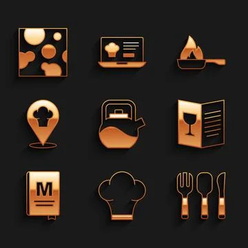 Set Kettle with handle, Chef hat, Fork, spoon knife, Restaurant cafe menu Illustration