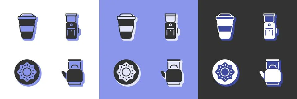 Set Kettle with handle, Coffee cup to go, Donut and Electric coffee grinder icon Illustration