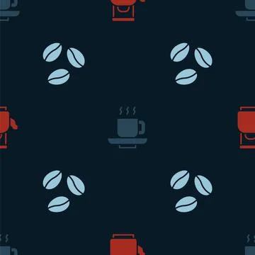 Set Kettle with handle, Coffee cup and beans on seamless pattern. Vector Stock Illustration