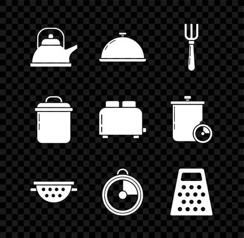 Set Kettle with handle, Covered tray of food, Fork, Kitchen colander, timer Stock Illustration