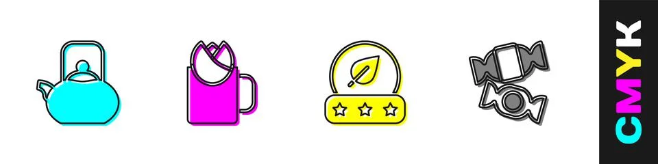 Set Kettle with handle, Cup of tea rose, Tea leaf and Candy icon. Vector Illustration