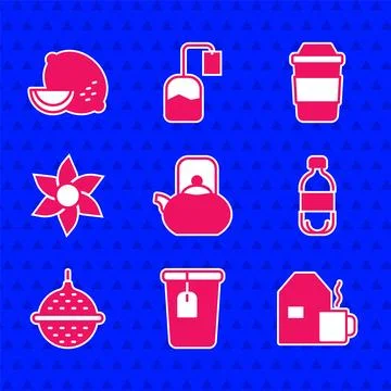 Set Kettle with handle, Cup tea bag, of milk, Bottle water, Ball strainer Illustration