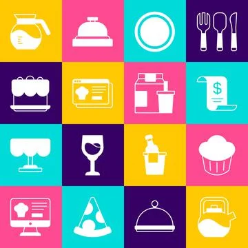 Set Kettle with handle, Cupcake, Paper or financial check, Plate, Online Illustration