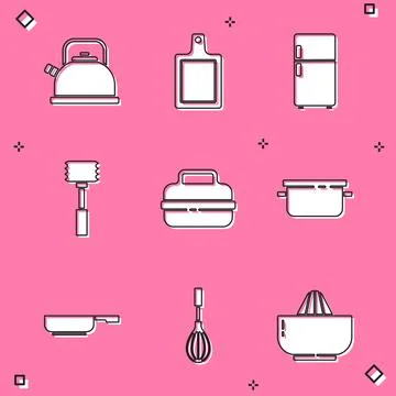 Set Kettle with handle, Cutting board, Refrigerator, Kitchen hammer, Cooking pot Illustration