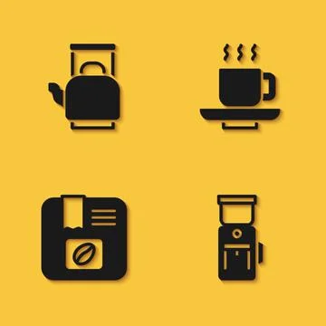 Set Kettle with handle, Electric coffee grinder, Bag beans and Coffee cup icon Illustration