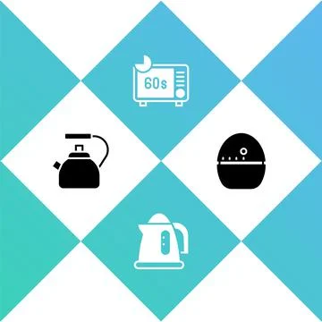 Set Kettle with handle, Electric kettle, Microwave oven and Kitchen timer icon Illustration
