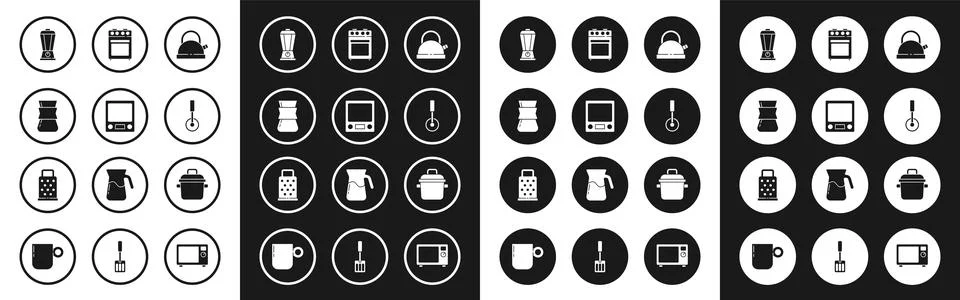 Set Kettle with handle, Electronic scales, Coffee turk, Blender, Pizza knif.. Illustration