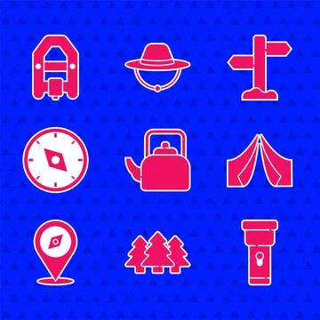 Set Kettle with handle, Forest, Flashlight, Tourist tent, Compass, Road traffic Illustration