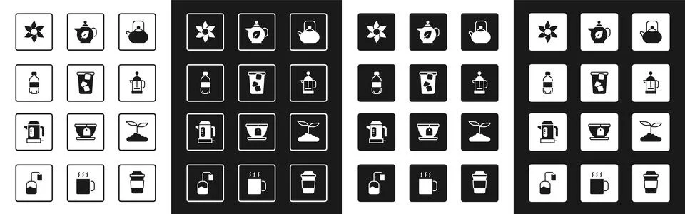 Set Kettle with handle, Ice tea, Bottle of water, Flower, French press, Teapot Illustration