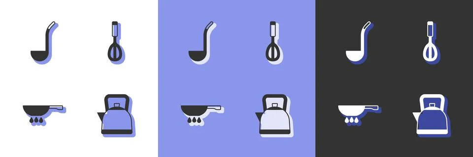 Set Kettle with handle, Kitchen ladle, Frying pan on fire and whisk icon. Vec Illustration